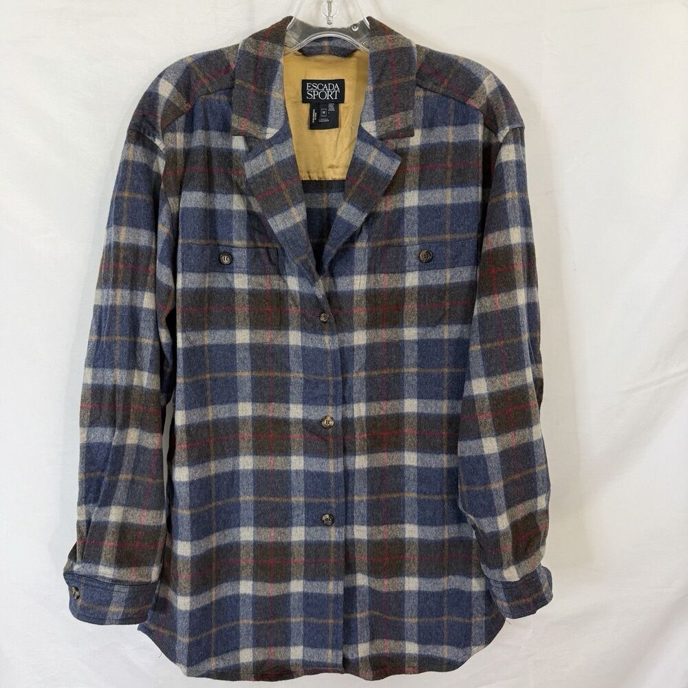 Escada Vintage Wool Plaid Shirt Jacket Shacket Size MEDIUM Y2K